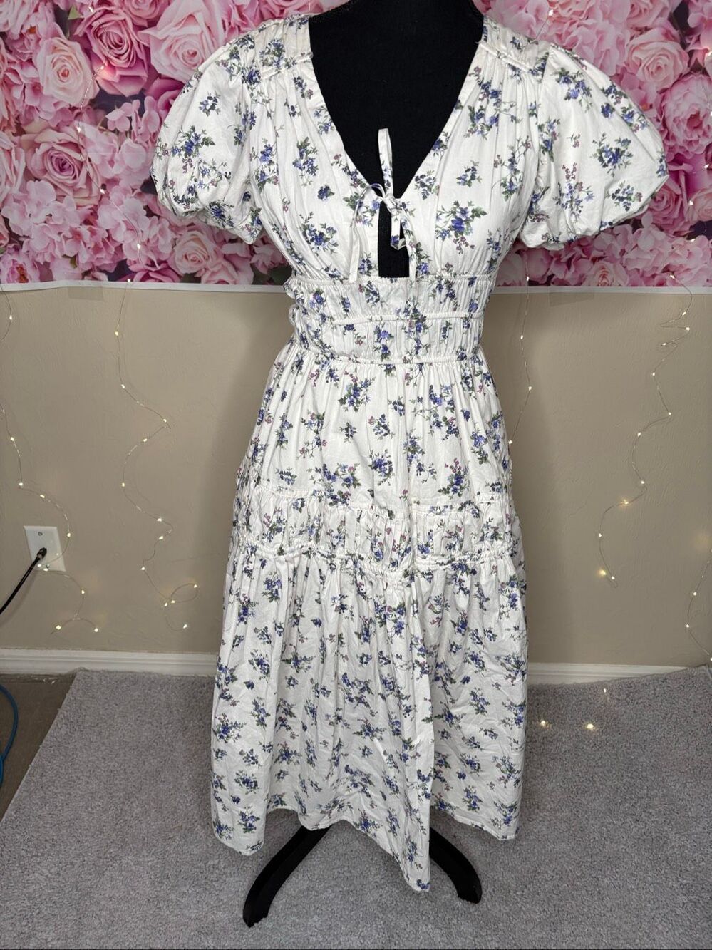 Francesca's White Blue Floral Puff Sleeve Cottagecore Midi Dress Size XS-172